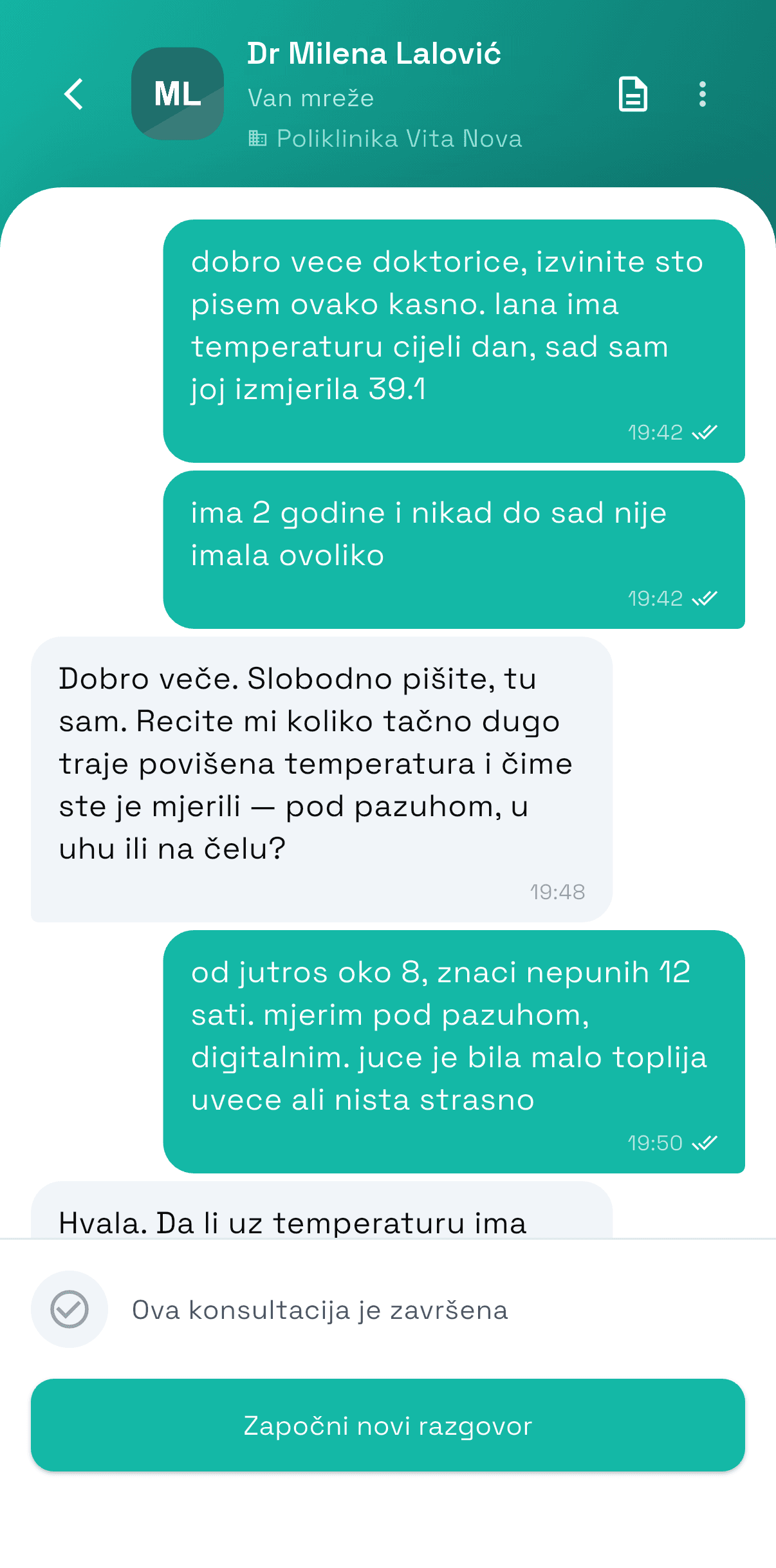 Doktor Plus app: a message consultation with Dr Milena Lalović, Poliklinika Vita Nova, about a child’s high fever